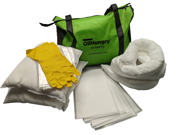 OilHungry - 5 Gallon Bucket Oil-Only Spill Kit, 5 Oil-Only Absorbent Pads, 3 Oil-Only Absorbent Pillows, 2 Oil-Only Absorbent Socks 3x4', Disposal Bags, and Nitrile Gloves